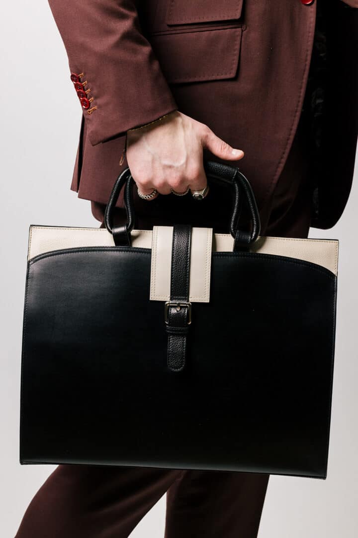 leather brief case in Black and Ivory
