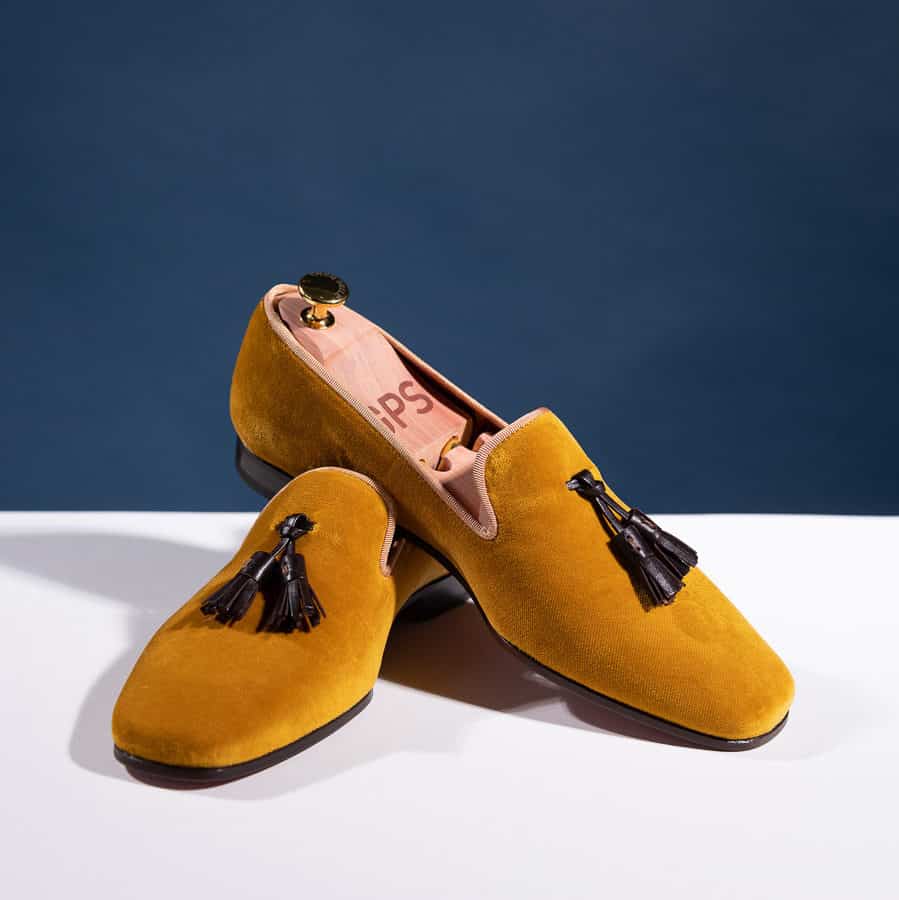 Beautiful mustard velvet tasseled loafers for everyday use. The velvet loafers are designed by Grant Alexander in Chicago and handmade in Spain.